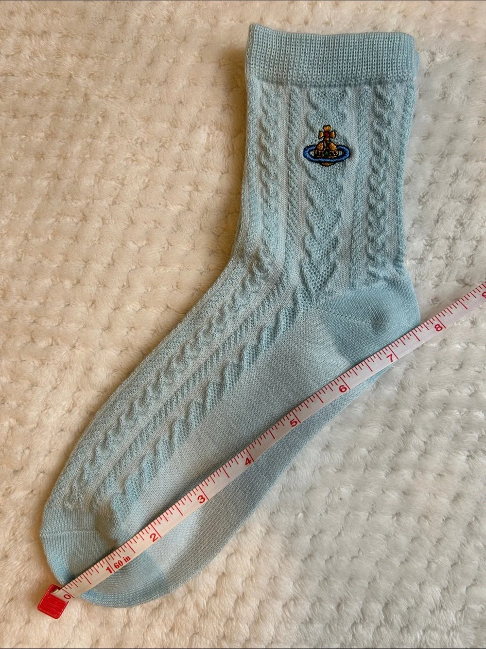 NWOT Vivienne Westwood Unisex Cable-Knit Crew Socks With Orb Logo - Pastel Blue